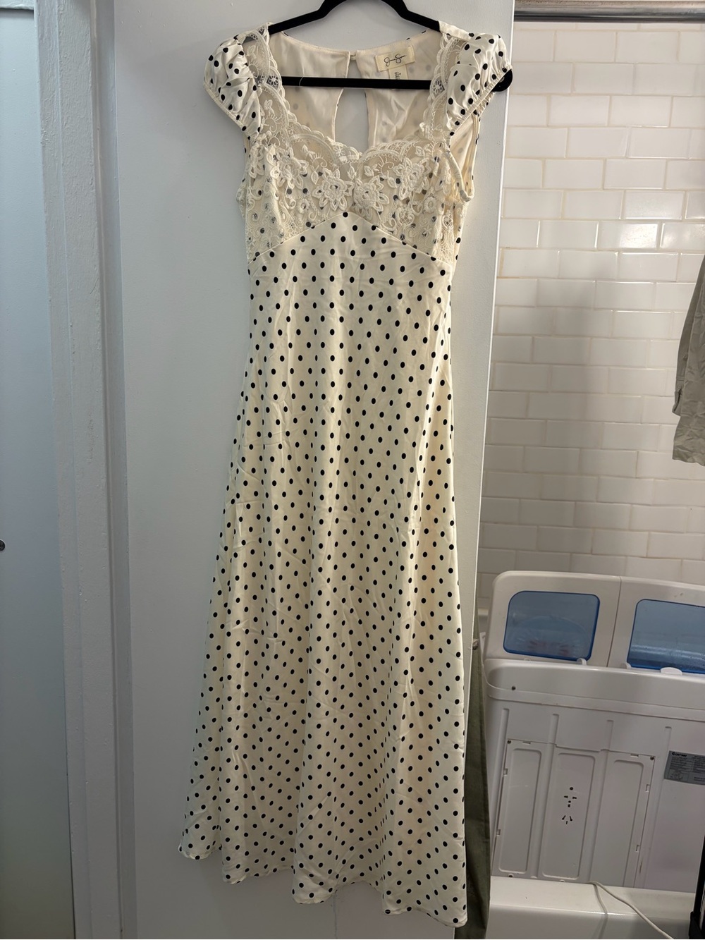 Jessica Simpson Cream and Black Polka Dot Lace Maxi Dress